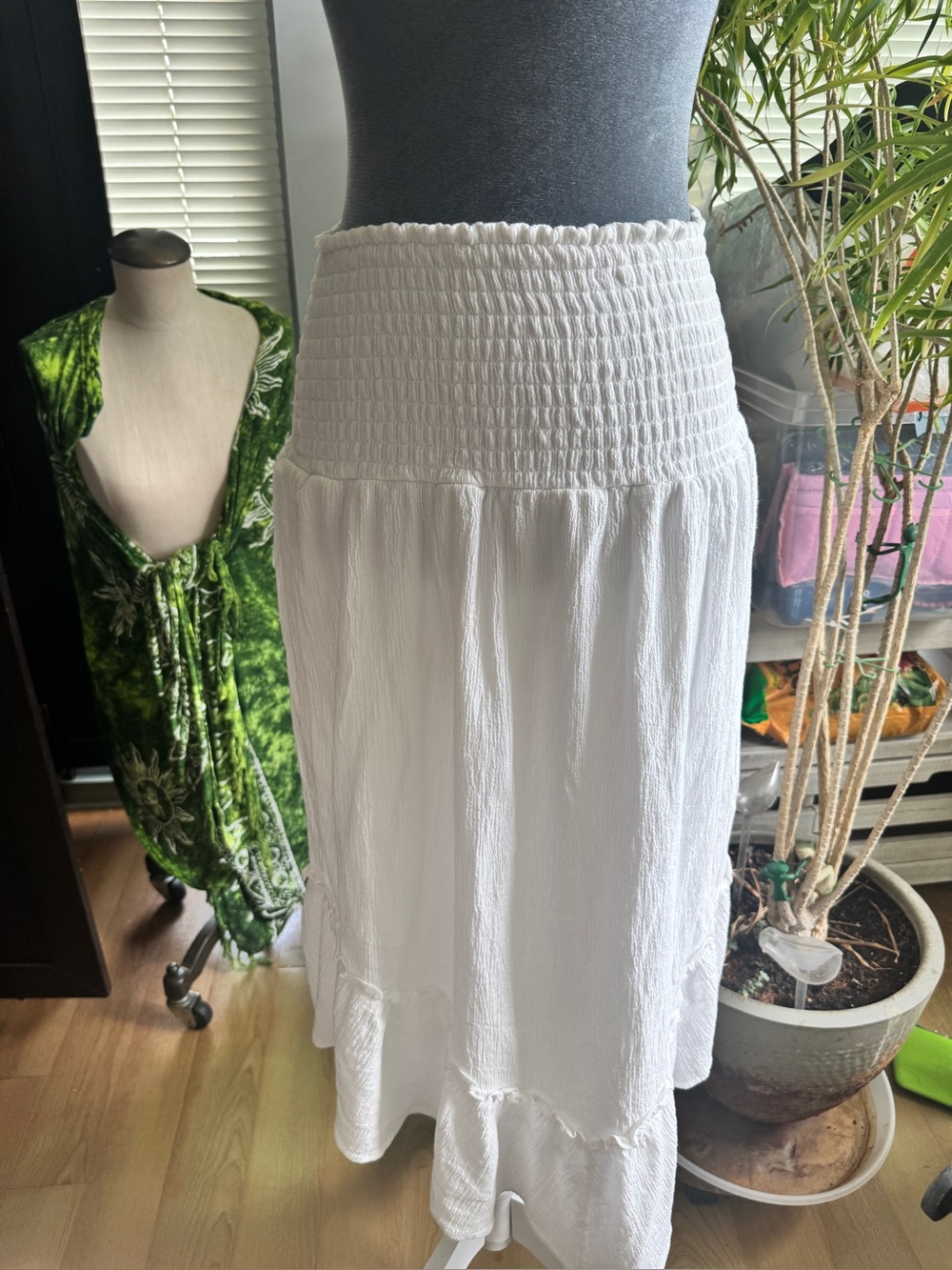 White + Warren White Smocked-Waist Tiered Maxi Skirt